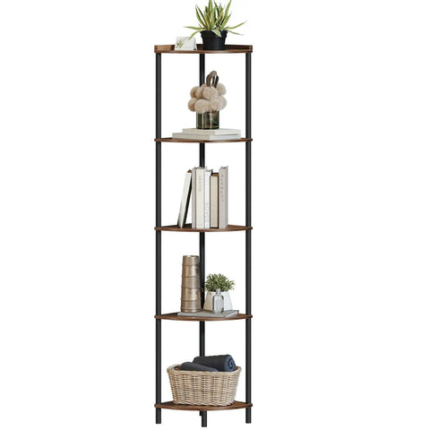 Five Tier Corner Shelving Unit Super Sturdy Storage Rack with books, plants, and a basket, fits in tight spaces.