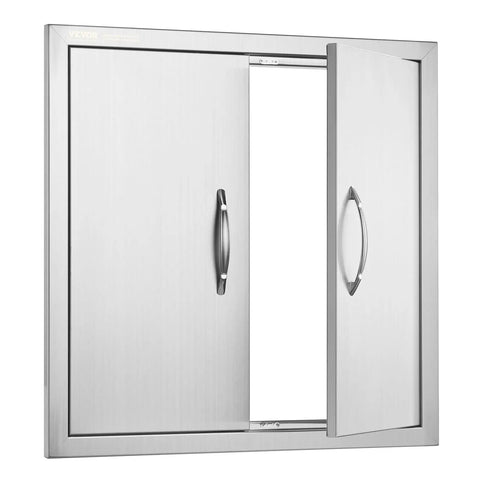 Double Door BBQ Access Door 24x24 Inch in Brushed Stainless Steel for Outdoor Kitchen Island Grilling Station with one door open.