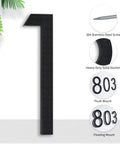 8 Inch Floating House Number 1 Easy To Read From Street Modern Metal Mount in black aluminum with mounting details.