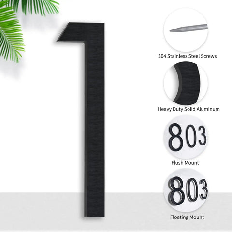 8 Inch Floating House Number 1 Easy To Read From Street Modern Metal Mount in black aluminum with mounting details.