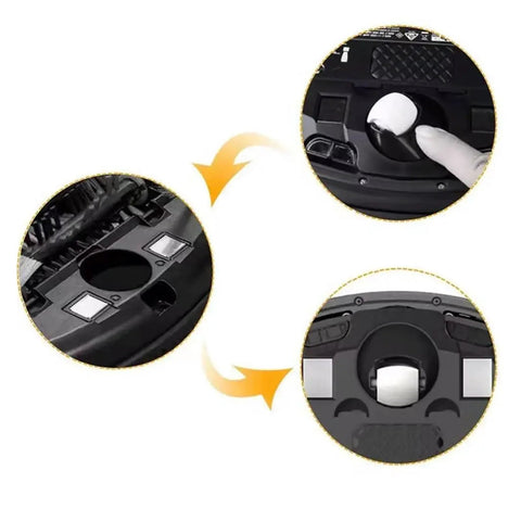 Roomba front wheel caster assembly for 500-900 series; three-view collage showing wheel housing, mounting socket, and hub.