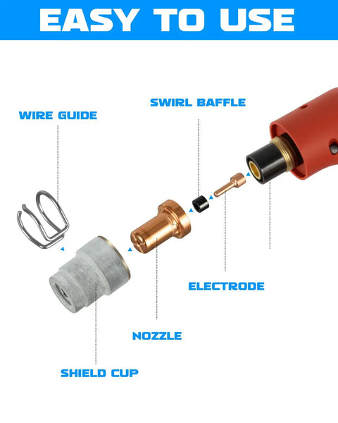 Pro-Grade Plasma Cutter Torch Consumables Kit For 65L Series, 33-Piece Set With Electrodes, Nozzles, Shield Cups, Swirl Baffles Exploded View
