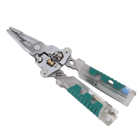 Heavy Hitter Multifunctional Wire Stripper With Crimper Cutter And Non Contact Voltage Tester with silver and green handles.