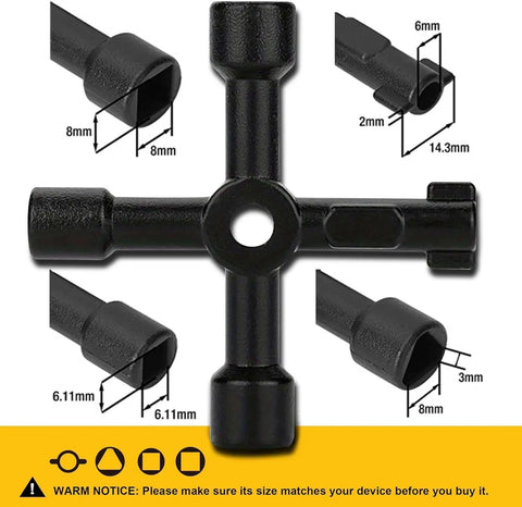 4-Way Universal Utility Cabinet Keys 2 Pack In Black For Gas Meters, Water Panels, And Electric Boxes, tool measurements shown.