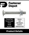 1/4-20 Inch Galvanized Carriage Bolt Kit For Exterior Use Grade A Coarse Full Thread 1-3/4 Inch Length 100 Pack displayed