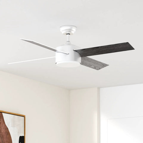 52 Inch Brushed Nickel And Black Ceiling Fan With Lights And Remote, Tri Color LED Temperature Options, Quiet Reversible Motor, Dope Sleek Modern Indoor Ceiling Fan For Bedroom, mounted on a ceiling in a stylish interior.