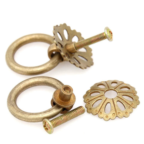 Set Of 6 Vintage Antique Brass Ring Pulls For Cabinets With Hollowed Dome Base And Flower Like Design Pure Solid Brass