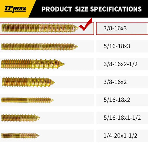 Badass Zinc Plated Hanger Bolts 10 Pack Double Ended Furniture Screws size specifications 3/8-16x3 carbon steel fasteners
