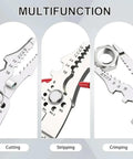 Multifunction tool showing cutting, stripping, crimping sections with metal material and labeled measurements.