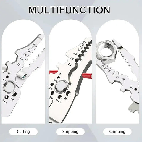 Multifunction tool showing cutting, stripping, crimping sections with metal material and labeled measurements.