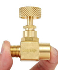 Close-up of Beefy Brass Needle Valve With 1/4 Inch Male NPT To 1/4 Inch Female NPT, Pro Grade Heavy Duty Flow Control held in hand.
