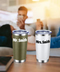 Premium Bulk Personalized 20 Oz Stainless Steel Tumbler With Lid Insulated Double Wall Cup Custom Text Or Photo Logo Print Navy Shade Real Deal Daily Essential with Mr. and Mrs. Smith prints.