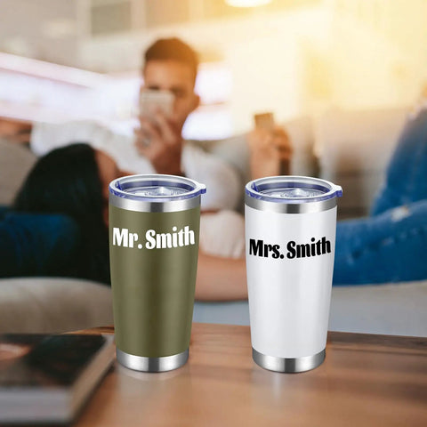 Premium Bulk Personalized 20 Oz Stainless Steel Tumbler With Lid Insulated Double Wall Cup Custom Text Or Photo Logo Print Navy Shade Real Deal Daily Essential with Mr. and Mrs. Smith prints.