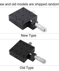 Micrometer Fine Tuning Cross Roller Linear Stage showing new and old models on aluminum translation table.