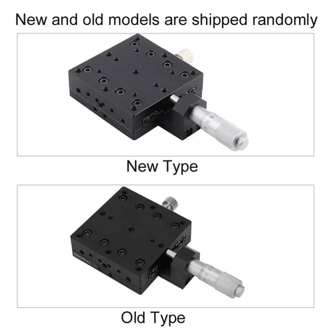 Micrometer Fine Tuning Cross Roller Linear Stage showing new and old models on aluminum translation table.