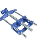 Top Shelf Heavy Duty Woodworking Bench Vise With Cast Iron Jaw For Knockout Holding Power And Quick Under Bench Mount Ultimate Garage Shop Workhorse For Steady Clamping Jobs, close-up view of blue cast iron bench vise.