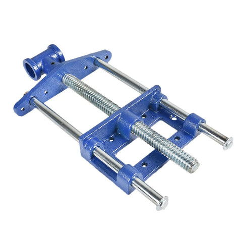 Top Shelf Heavy Duty Woodworking Bench Vise With Cast Iron Jaw For Knockout Holding Power And Quick Under Bench Mount Ultimate Garage Shop Workhorse For Steady Clamping Jobs, close-up view of blue cast iron bench vise.