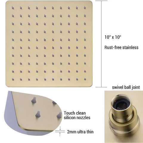 10-inch rain head with touch clean nozzles, rust-free stainless for Pressure Balance Rain Shower System With Concealed Valve 10 Inch Rain Head Brushed Gold Finish All In One Easy Install Kit For Your Dope Modern Bathroom Spa Quality Shower Trim Set.