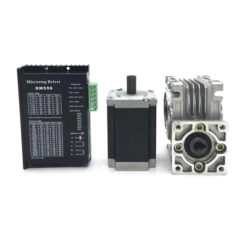Rv030 Worm Gearbox Coupled With Nema23 Stepper Motor And Dm556 Driver Kit For Precision Cnc Builds showing components side by side.
