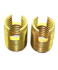 Solid Carbon Self Tapping Thread Inserts M2 To M10 Slotted Style Wire Repair Kit For Stripped Screw Holes Durable Fixing Tool 10 Pack - close-up view of two gold-colored threaded inserts.