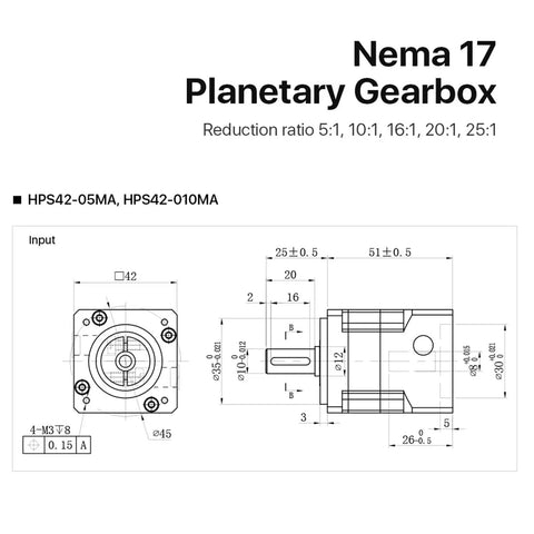 Nema17 Planetary Gearbox Motor Reducer technical drawing with dimensions, suitable for stepper motor automation upgrades.