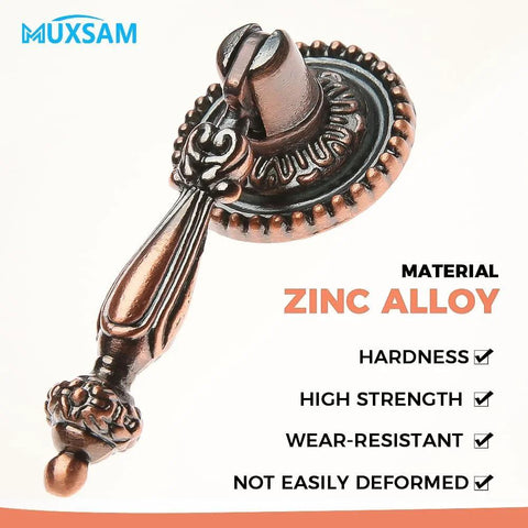 Close-up of 2 Pcs European Style Hanging Drawer Pulls, Antique Zinc Alloy Drop Pull Knobs, showing material properties and design