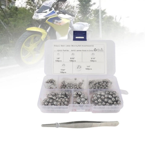 Pro Grade Bearing Balls Kit With Precision Steel Bearings In One Eighth To One Quarter Inch Sizes Plus Tweezers For Cars ATVs Mountain Bikes High Performance Maintenance Accessory Set open case with steel bearing balls and tweezers