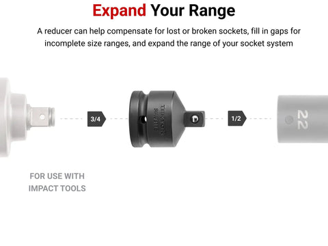 Image of a Three Quarter Inch Drive To One Half Inch Impact Reducer for socket sets showing connection between 3/4" and 1/2" sockets.