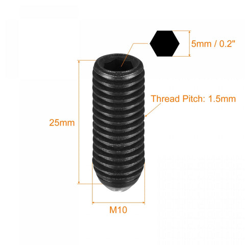 Heavy Duty Ball Point Set Screws With Spring Loaded Hex Socket Drives Solid High Carbon Steel Metric M10 X 25MM Thread shown with dimensions.