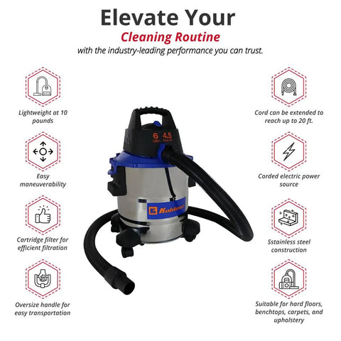 Wet-Dry Vacuum Cleaner With 6-Gallon Tank, 4.5 Peak HP Motor, Stainless and Blue, Lightweight with Blower Accessory Kit