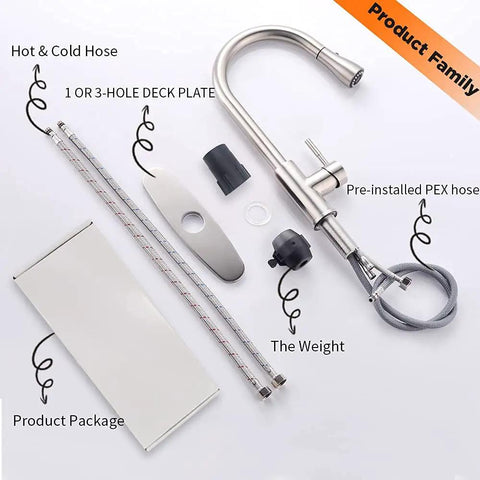 Brushed Nickel Kitchen Faucet With Pull Down Sprayer And 18 Inch Hose One Hole Deck Mount Single Lever Handle Stainless Steel parts