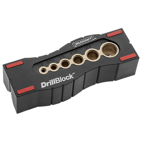 No Fuss Setup Circle Guide Kit And Drill Block Bundle For Exact Router Cutouts and Bullseye Handheld Drilling Drill block with holes for precise drill placement.