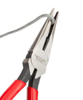Close-up of the 6-In bent long nose plier from the 7-Piece Pliers Set With 6-In Bent Long Nose, 7-In And 8-In Long Nose, gripping wire.