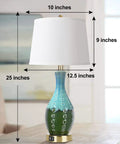 Dope Teal Green Ceramic Table Lamp with linen shade, 25-inch mid-century vase-shaped, touch control with USB ports, bedside decor.