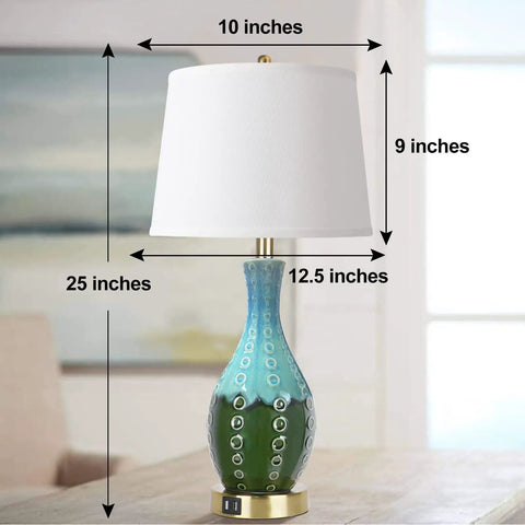 Dope Teal Green Ceramic Table Lamp with linen shade, 25-inch mid-century vase-shaped, touch control with USB ports, bedside decor.