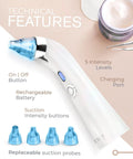Blue Blackhead Remover Facial Cleanser Vacuum with 5 suction levels and probes, showing technical features and buttons.