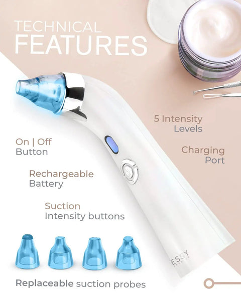 Blue Blackhead Remover Facial Cleanser Vacuum with 5 suction levels and probes, showing technical features and buttons.