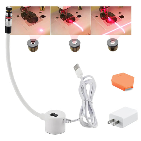 3 In 1 USB Magnetic Quilting Light With Laser Seam Guide, showing components and red laser modes for sewing machines.