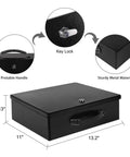 Fireproof Document Safe Box With Key Lock, Heavy Duty Portable Lock Box, size 13.2 x 11 x 4.13 inches, features sturdy metal handle and lock.