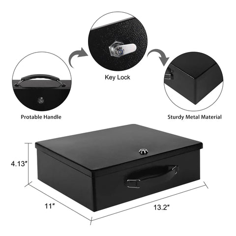 Fireproof Document Safe Box With Key Lock, Heavy Duty Portable Lock Box, size 13.2 x 11 x 4.13 inches, features sturdy metal handle and lock.