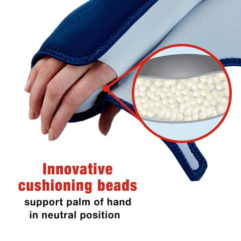 Close-up of hand using Night Wrist Sleep Support With Adjustable Fit, showing cushioning beads and wrist in neutral position.