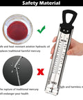 Candy Thermometer With Pot Clip Instant Read Six Stage Deep Fry And Candy Making Gauge, held in hand with safety material details
