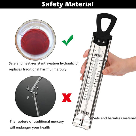 Candy Thermometer With Pot Clip Instant Read Six Stage Deep Fry And Candy Making Gauge, held in hand with safety material details