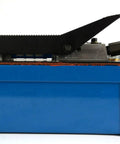 TEMCo HP0000 air hydraulic pump power pack; blue metal reservoir with black lever and yellow cap, side view.