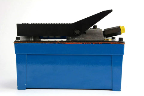 TEMCo HP0000 air hydraulic pump power pack; blue metal reservoir with black lever and yellow cap, side view.
