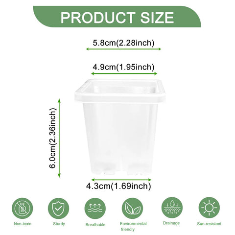 Product size dimensions of the Two Inch Square Seedling Pots Pack Of 50 Dual Color Clear And Black With Drainage Holes For Seed Germination.