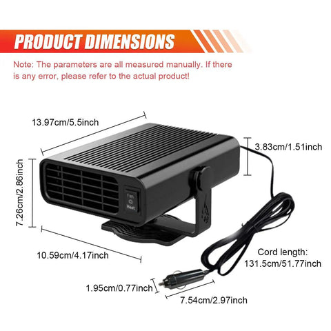 Ditch The Morning Frost 12V Car Heater And Windshield Defogger, 150W dimensions showing 5.5" x 4.17" x 2.86" for vehicle use.
