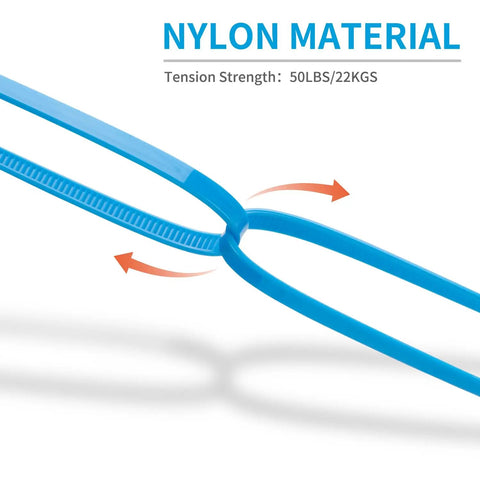 Close-up of blue nylon zip tie with 50lbs tensile strength, highlighting material in Beefy 12 Inch Zip Ties 1000 Pack Black Nylon PA66 UV Resistant.