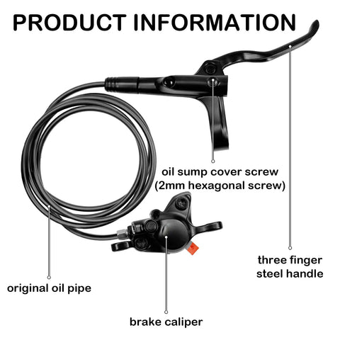 MT200 Hydraulic Brake Set For Mountain Bikes With 2 Piston Calipers, steel handle, oil pipe, brake caliper, product info diagram.
