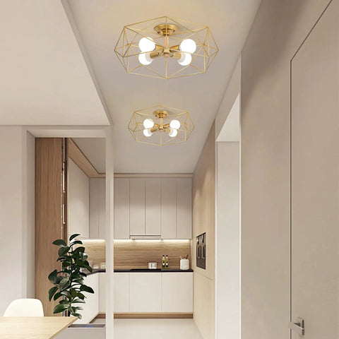 Gold Four Light Semi Flush Mount Ceiling Light With Metal Cage in modern kitchen setting